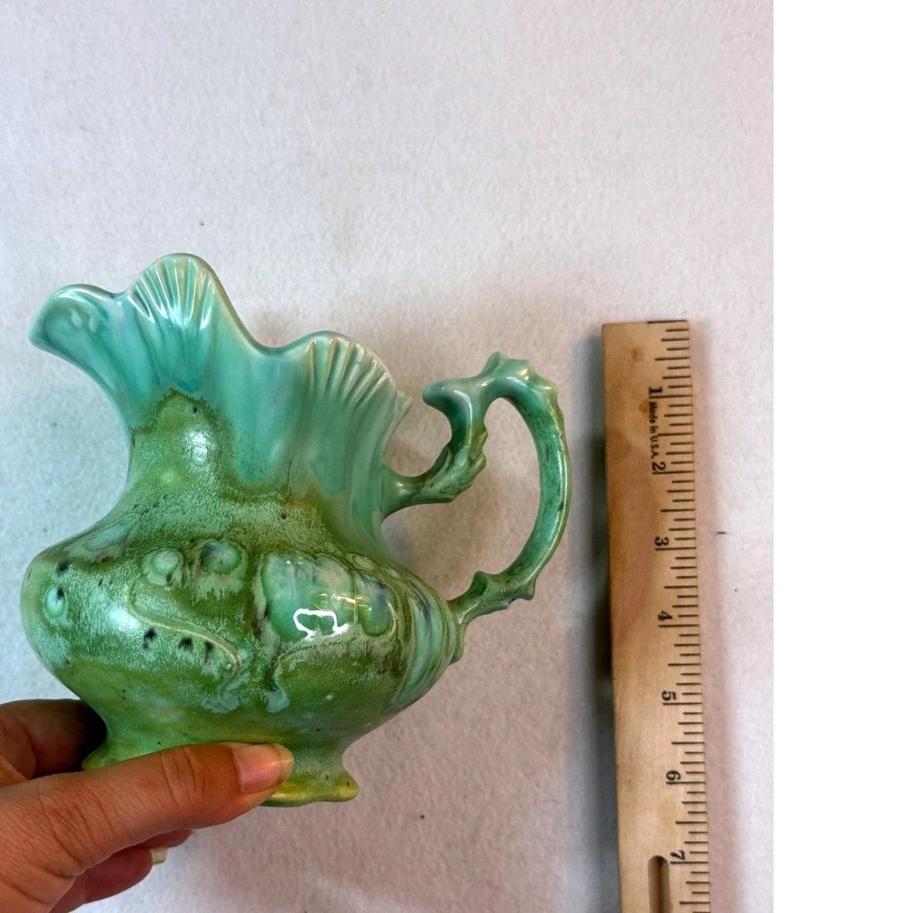 Vintage Studio Pottery Pitcher Green Drip Glaze Ewer Scalloped‎ Cottagecore